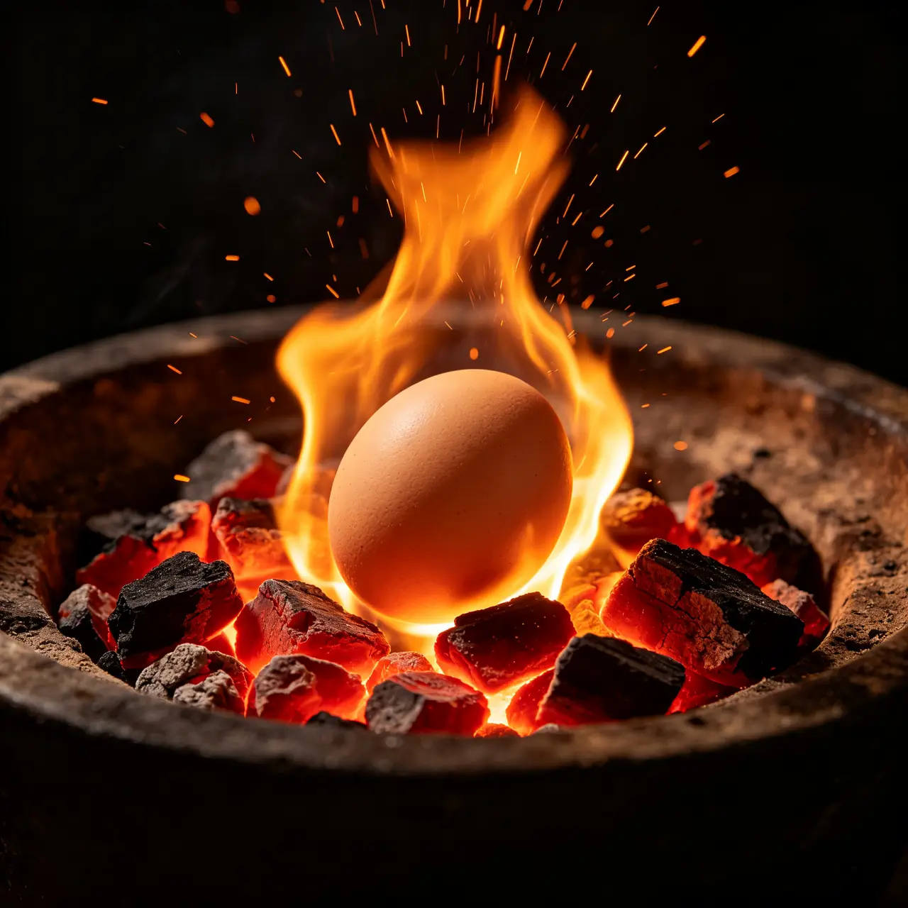 A fire egg resting in glowing embers during a ritual reading